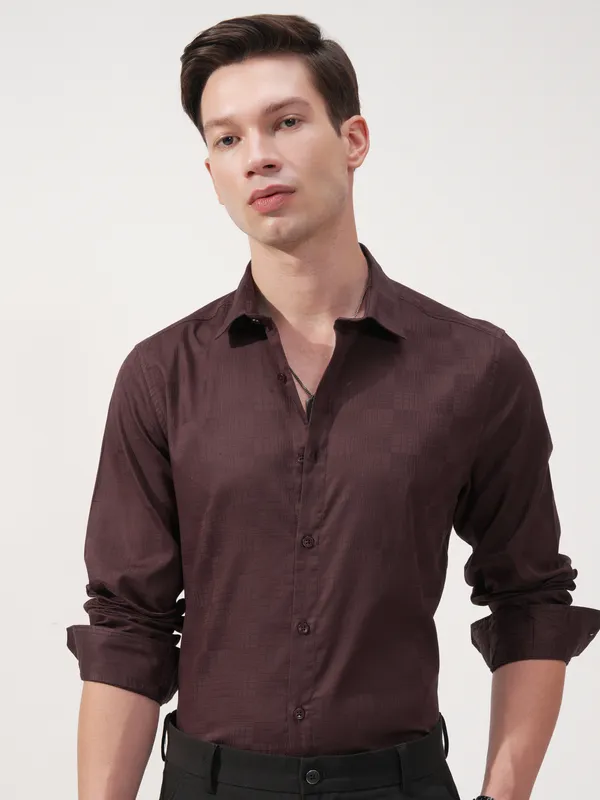 Highlander Men Brown Self Design Slim Fit Casual Shirt