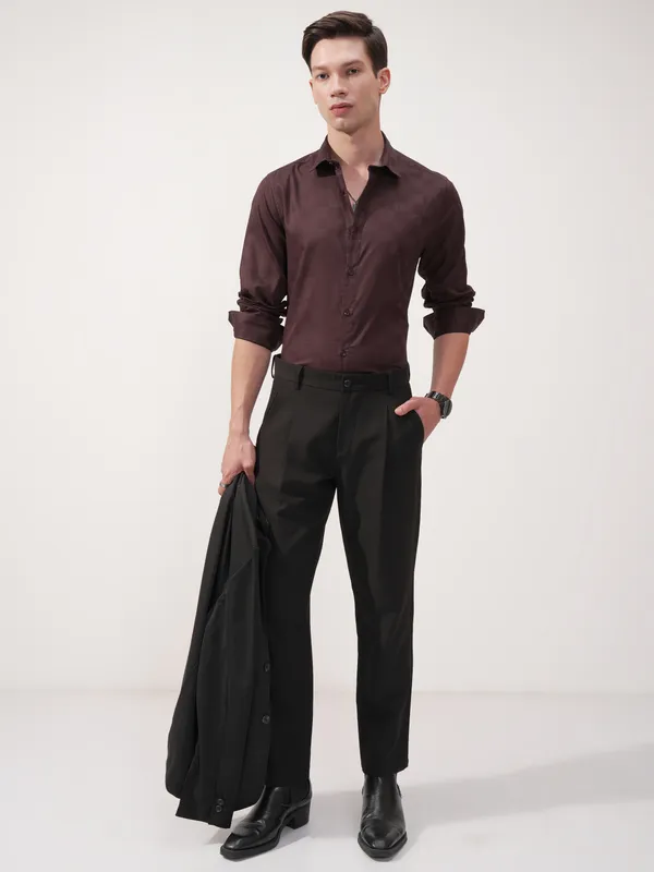 Highlander Men Brown Self Design Slim Fit Casual Shirt