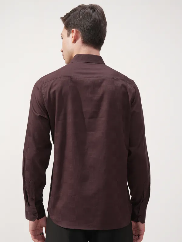 Highlander Men Brown Self Design Slim Fit Casual Shirt