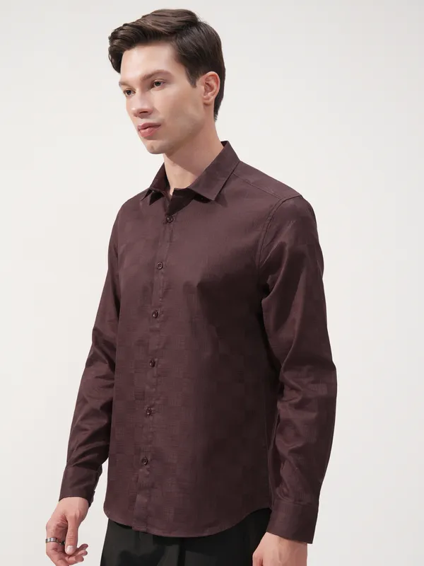 Highlander Men Brown Self Design Slim Fit Casual Shirt