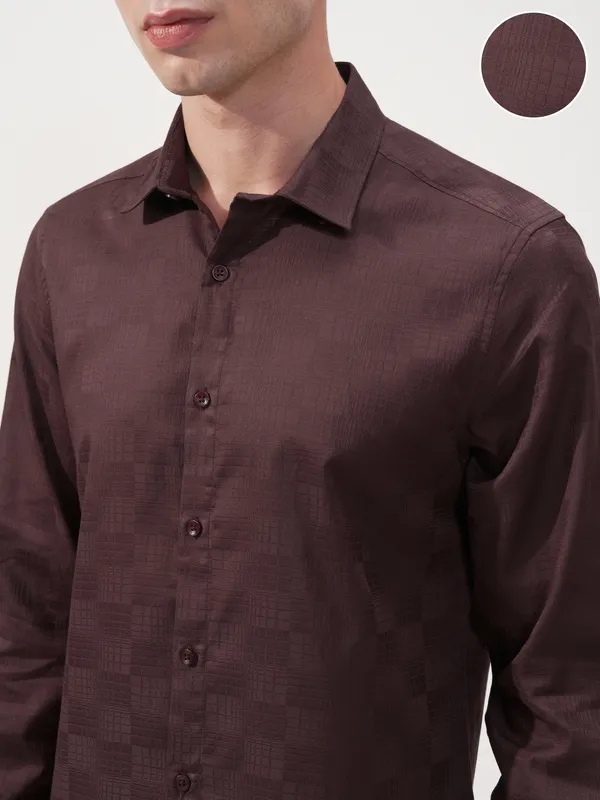Highlander Men Brown Self Design Slim Fit Casual Shirt