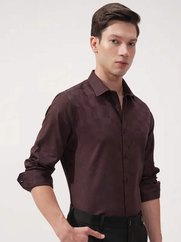 Highlander Men Brown Self Design Slim Fit Casual Shirt