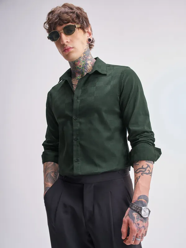 Highlander Men Green Self Design Slim Fit Casual Shirt