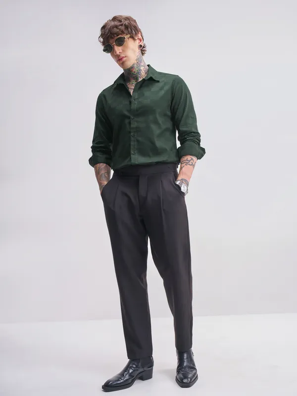 Highlander Men Green Self Design Slim Fit Casual Shirt