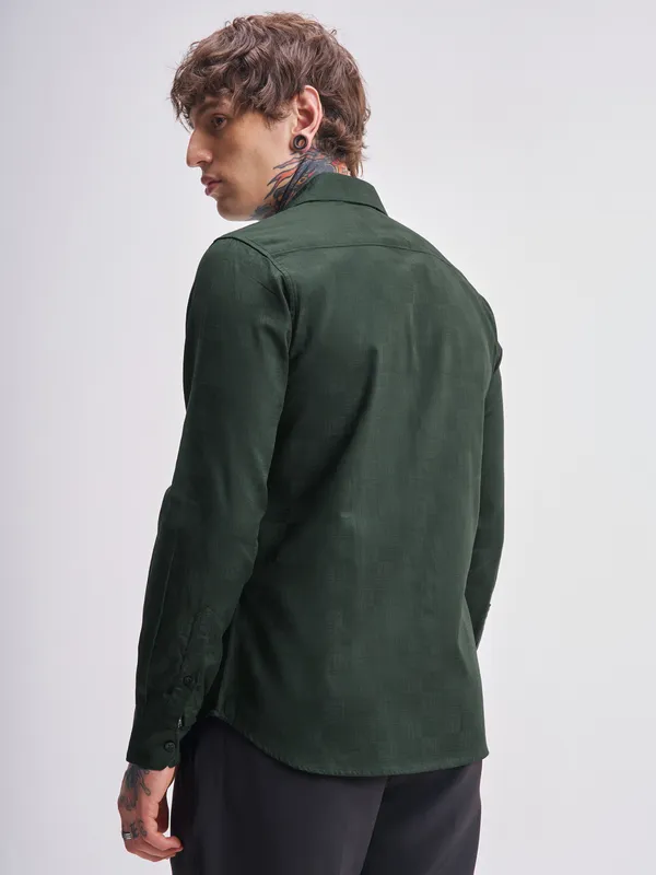 Highlander Men Green Self Design Slim Fit Casual Shirt