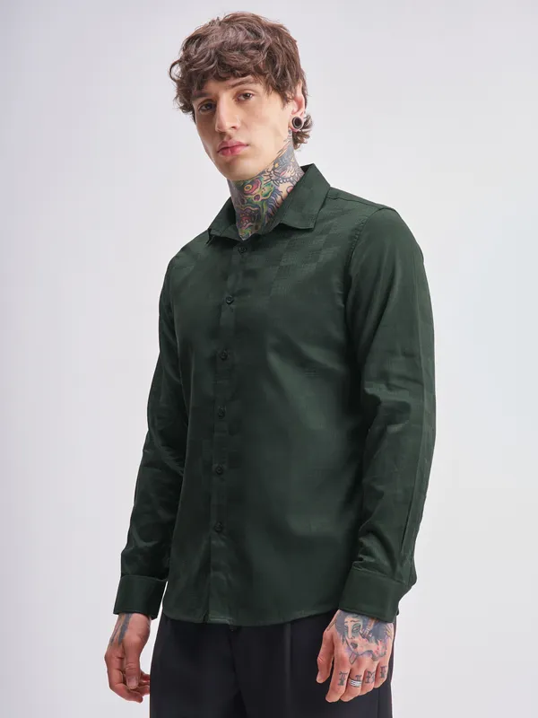 Highlander Men Green Self Design Slim Fit Casual Shirt