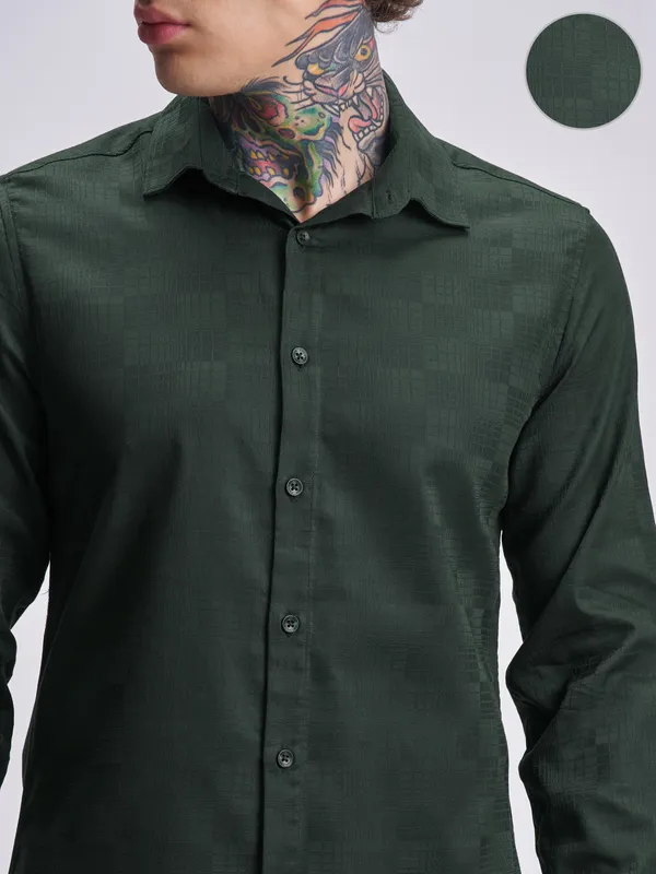 Highlander Men Green Self Design Slim Fit Casual Shirt