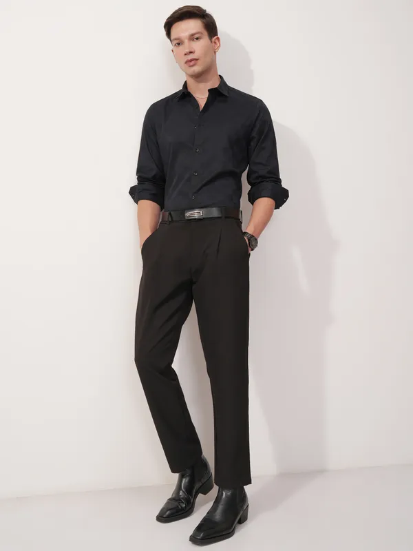 Highlander Men Navy Blue Self Design Slim Fit Casual Shirt