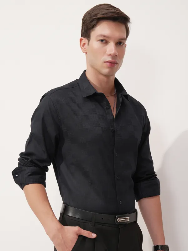 Highlander Men Navy Blue Self Design Slim Fit Casual Shirt