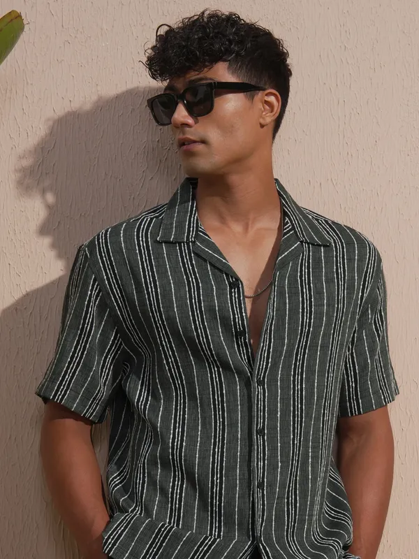 Highlander Men Grey Striped Relaxed Fit Casual Shirt