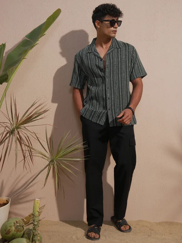 Highlander Men Grey Striped Relaxed Fit Casual Shirt