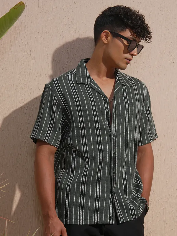 Highlander Men Grey Striped Relaxed Fit Casual Shirt