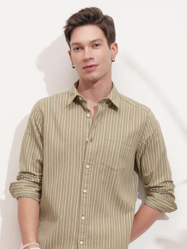 Highlander Men Khaki Striped Slim Fit Casual Shirt