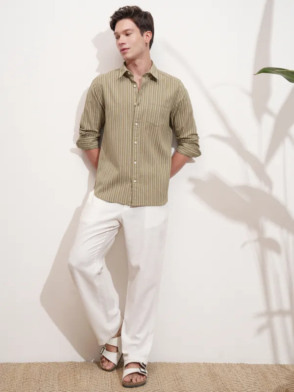 Highlander Men Khaki Striped Slim Fit Casual Shirt