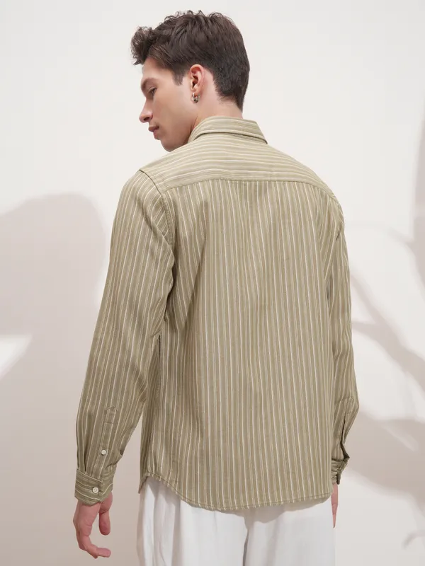 Highlander Men Khaki Striped Slim Fit Casual Shirt