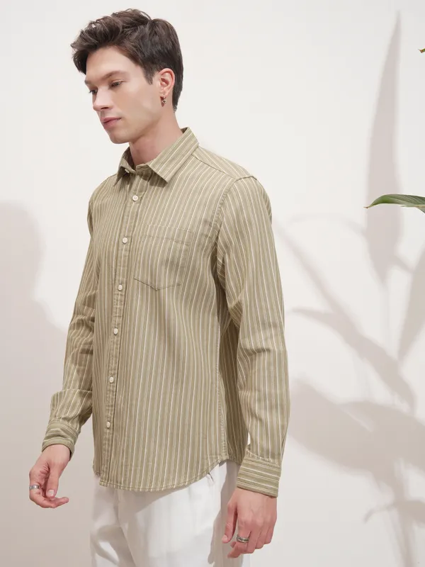Highlander Men Khaki Striped Slim Fit Casual Shirt