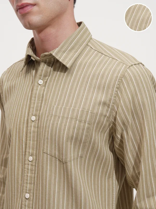 Highlander Men Khaki Striped Slim Fit Casual Shirt