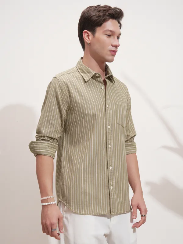 Highlander Men Khaki Striped Slim Fit Casual Shirt