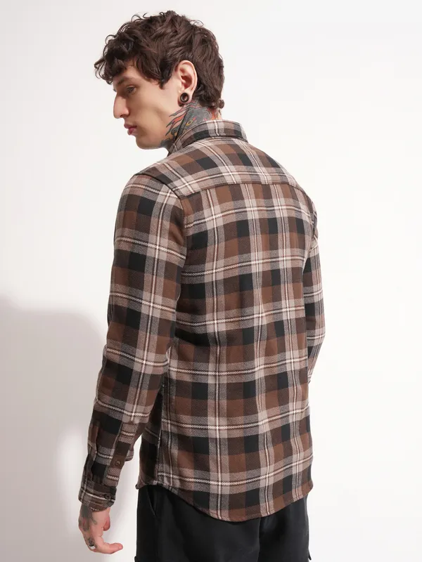Highlander Men Brown Checked Slim Fit Casual Shirt
