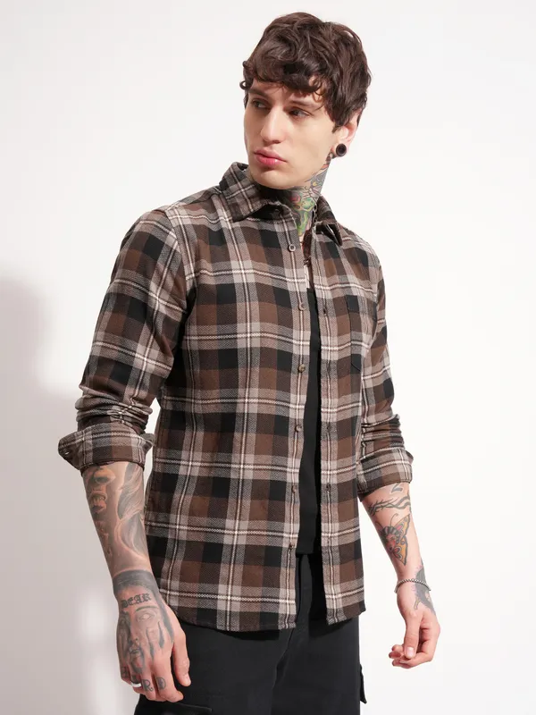 Highlander Men Brown Checked Slim Fit Casual Shirt