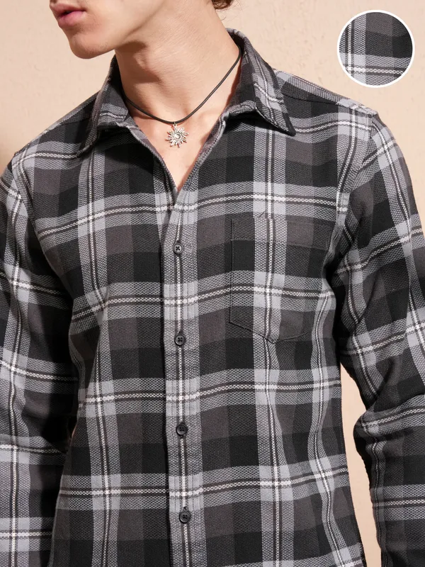 Highlander Men Charcoal Checked Slim Fit Casual Shirt
