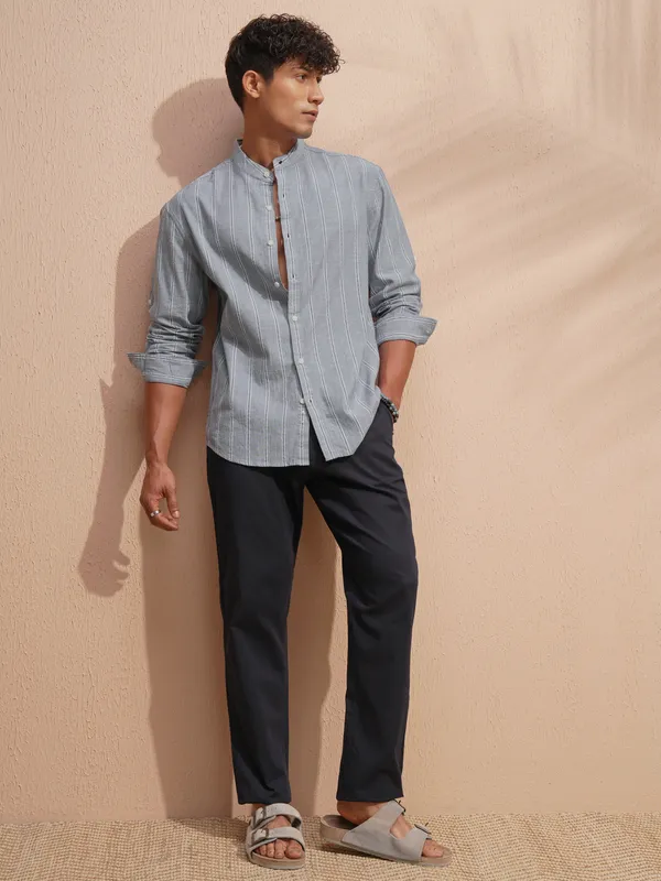 Highlander Men Grey Striped Relaxed Fit Casual Shirt