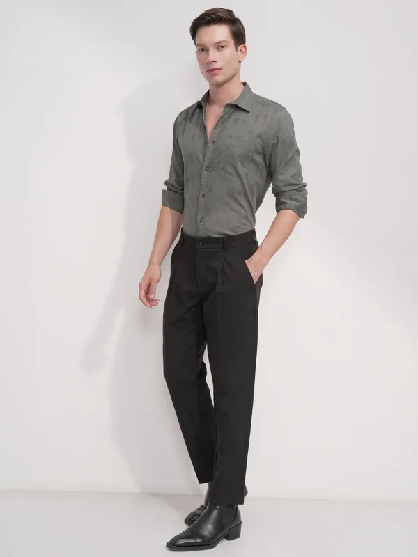 Highlander Men Green Self Design Slim Fit Casual Shirt