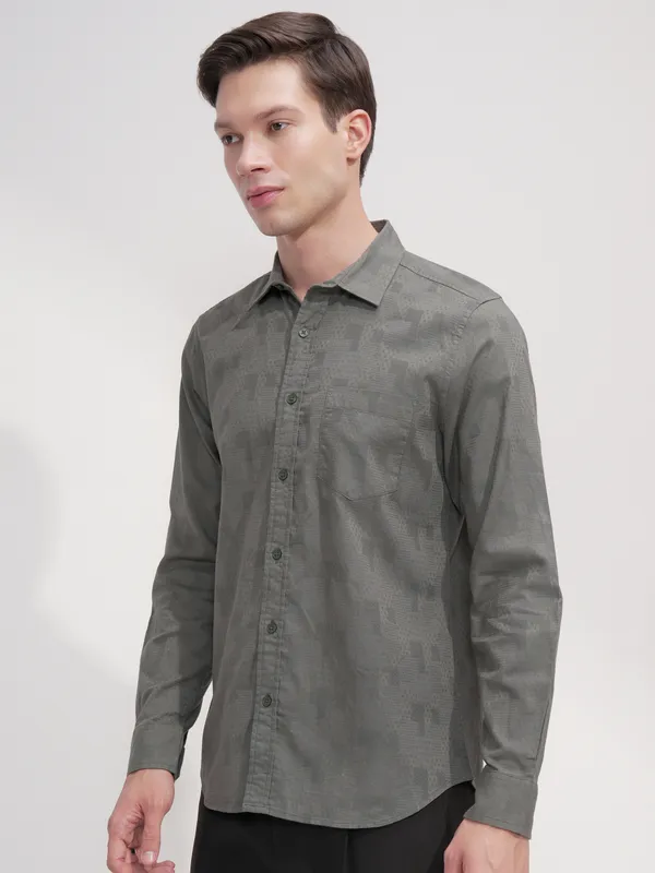 Highlander Men Green Self Design Slim Fit Casual Shirt