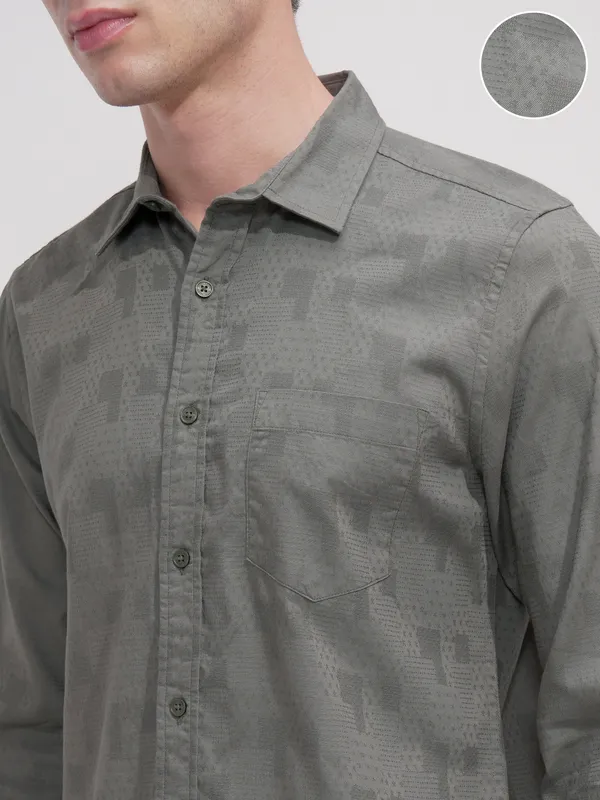 Highlander Men Green Self Design Slim Fit Casual Shirt