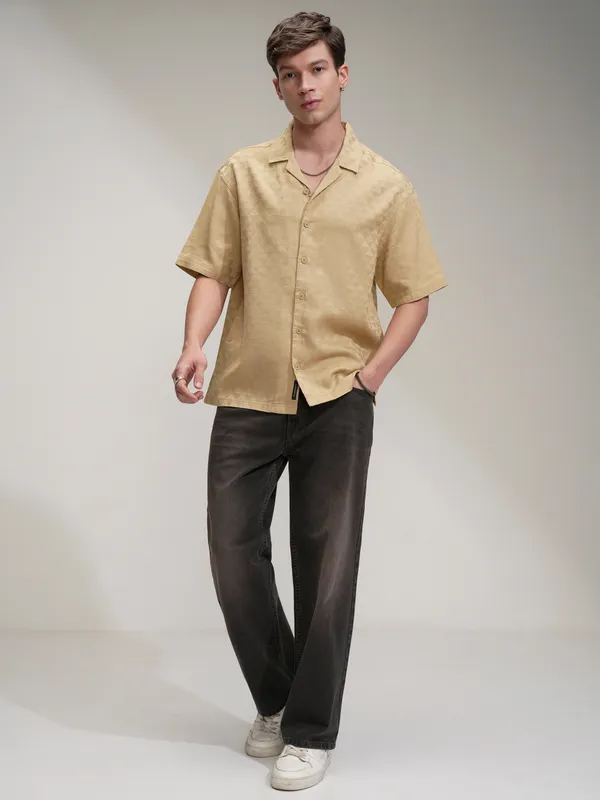 Highlander Men Beige Self Design Oversized Fit Casual Shirt