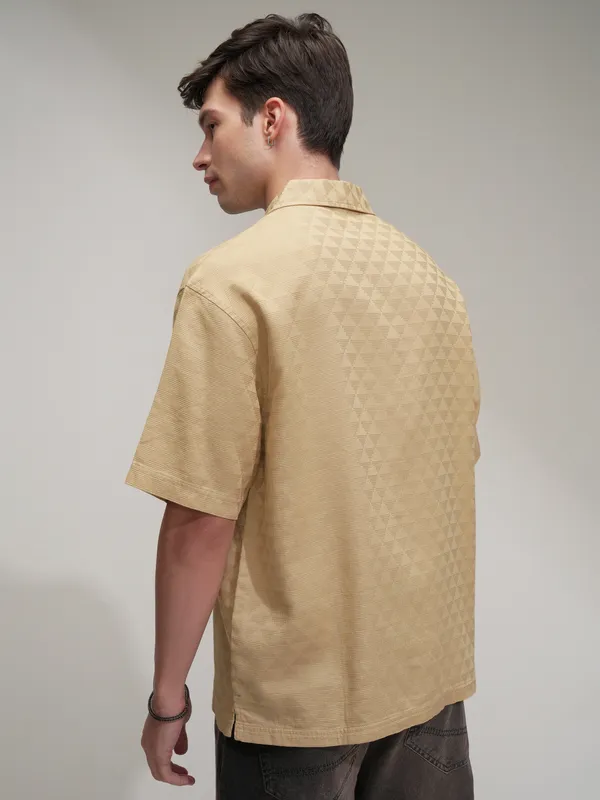 Highlander Men Beige Self Design Oversized Fit Casual Shirt