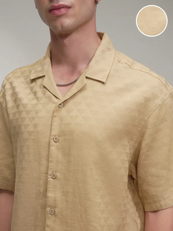 Highlander Men Beige Self Design Oversized Fit Casual Shirt