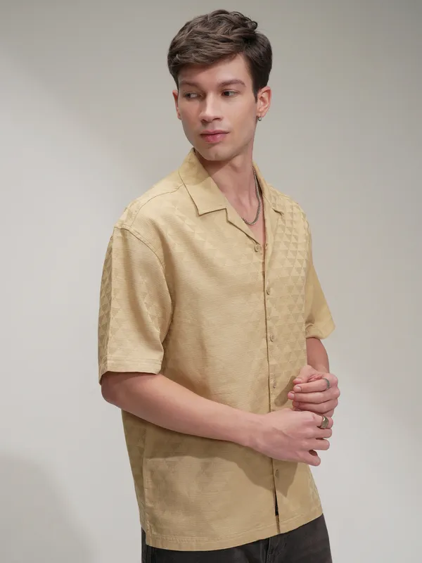 Highlander Men Beige Self Design Oversized Fit Casual Shirt