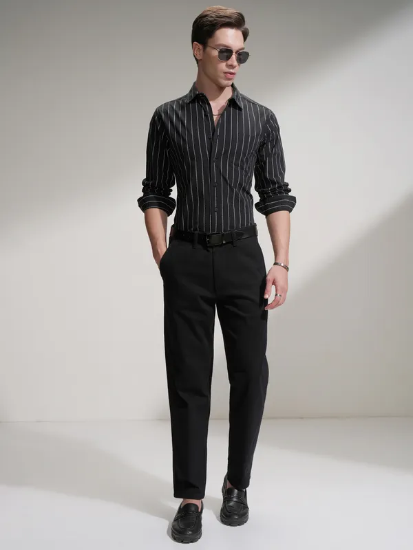 Highlander Men Black Striped Slim Fit Casual Shirt