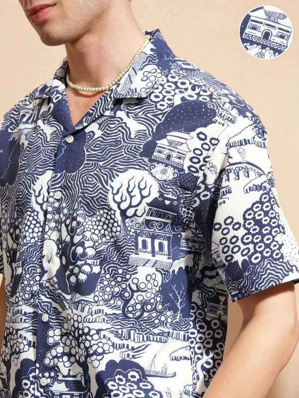 Highlander Men Blue Printed Relaxed Fit Casual Shirt