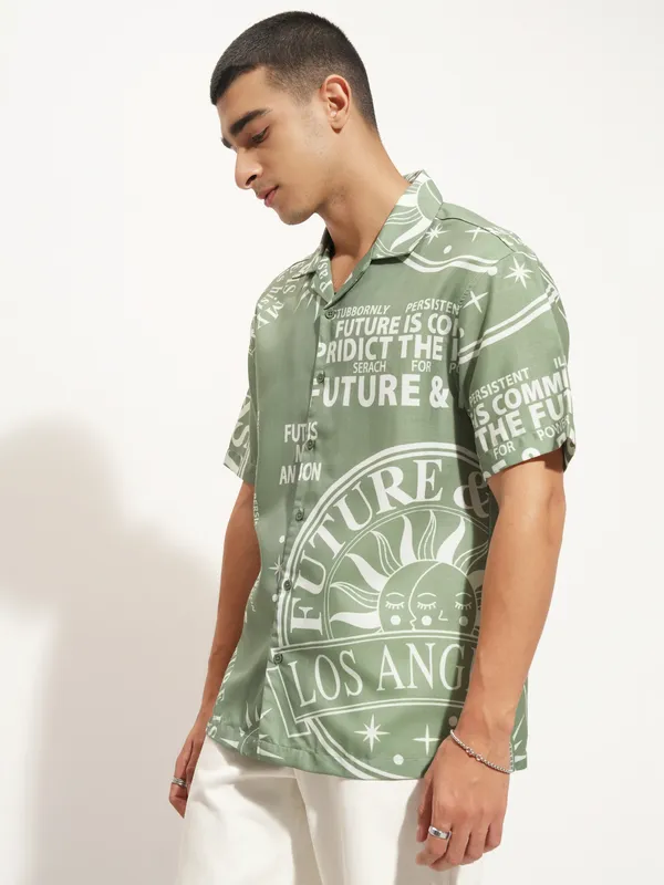 Highlander Men Green Printed Relaxed Fit Casual Shirt