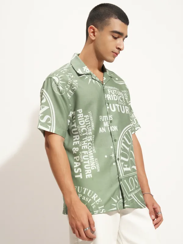 Highlander Men Green Printed Relaxed Fit Casual Shirt