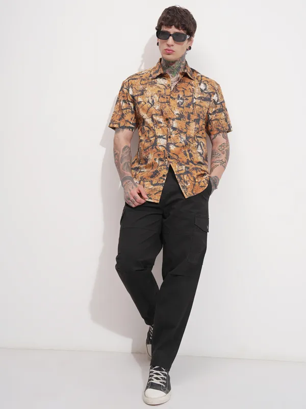 Highlander Men Rust Printed Relaxed Fit Casual Shirt