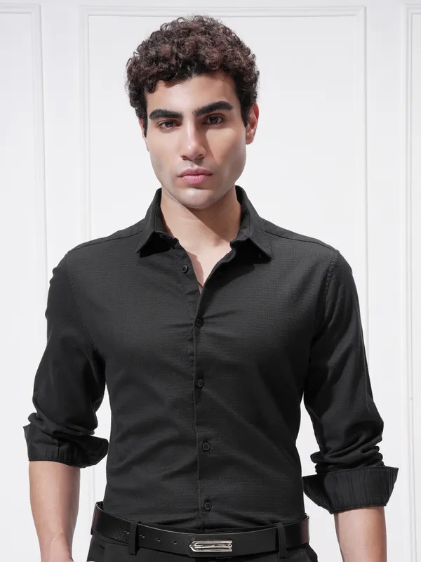 Highlander Men Black Self Design Slim Fit Casual Shirt
