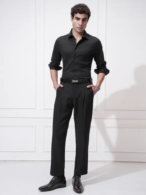 Highlander Men Black Self Design Slim Fit Casual Shirt