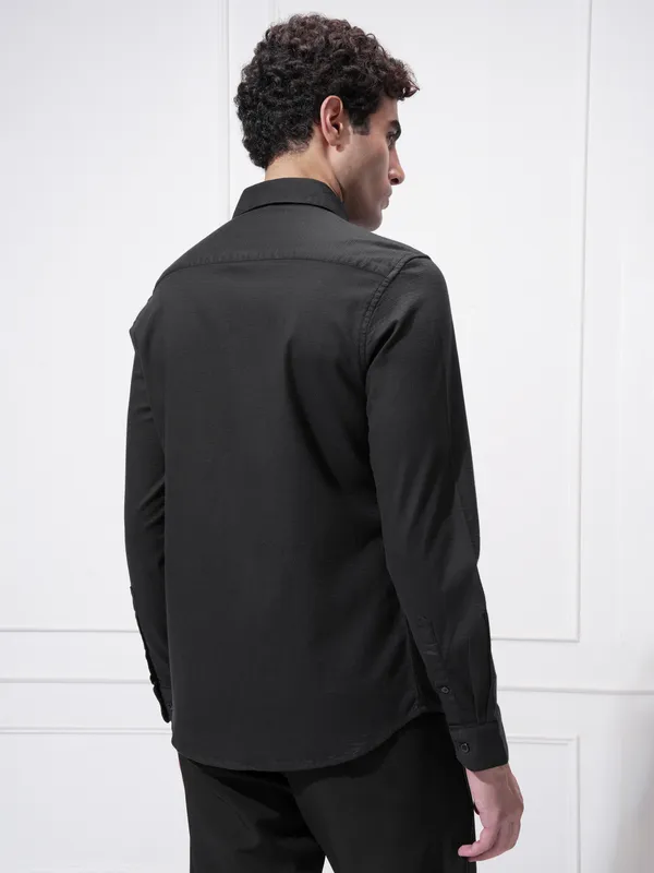 Highlander Men Black Self Design Slim Fit Casual Shirt