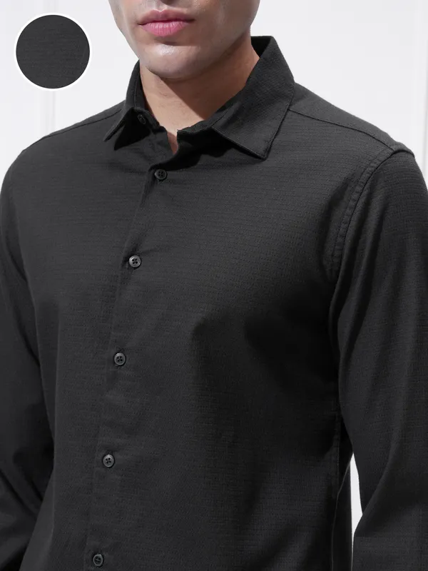 Highlander Men Black Self Design Slim Fit Casual Shirt
