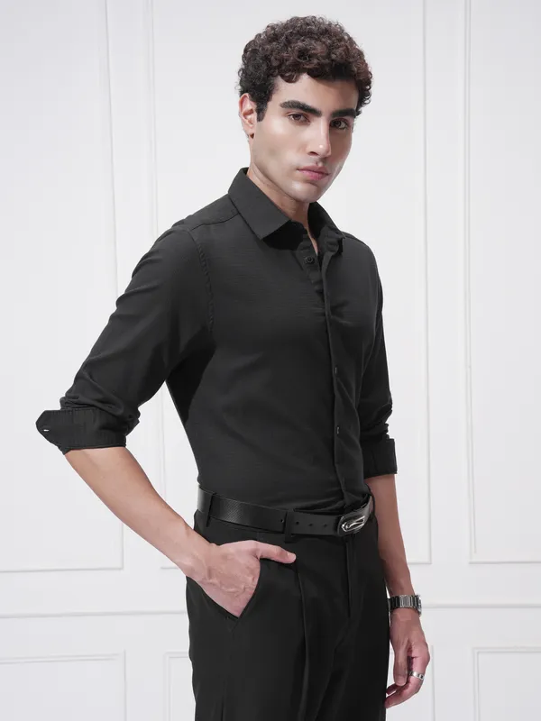 Highlander Men Black Self Design Slim Fit Casual Shirt