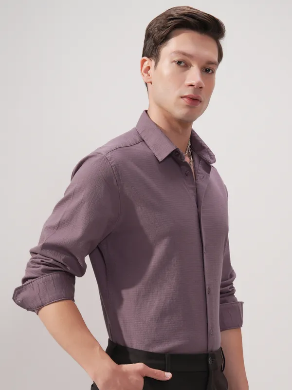Highlander Men Purple Self Design Slim Fit Casual Shirt