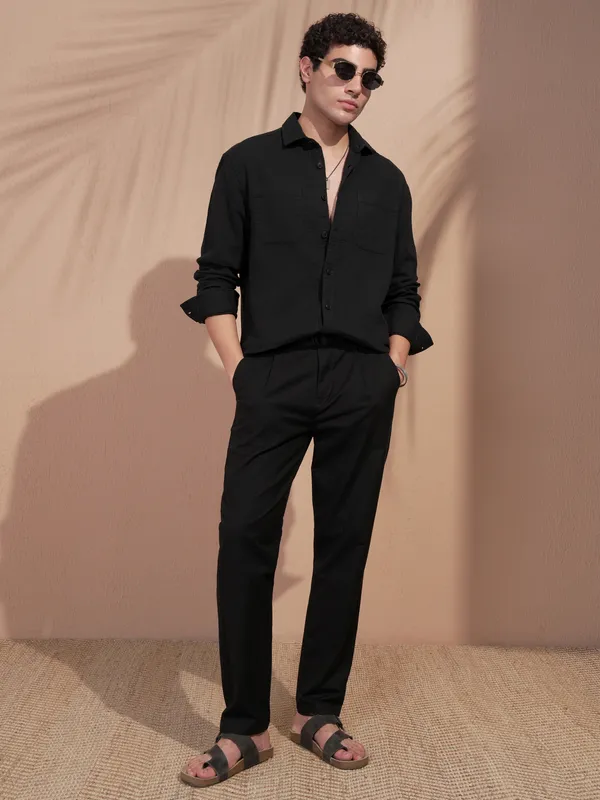 Highlander Men Black Self Design Relaxed Fit Casual Shirt