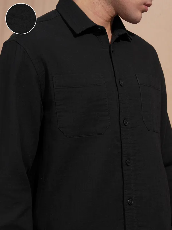 Highlander Men Black Self Design Relaxed Fit Casual Shirt
