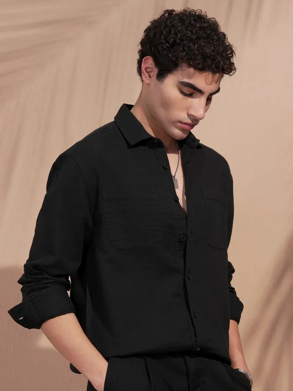 Highlander Men Black Self Design Relaxed Fit Casual Shirt