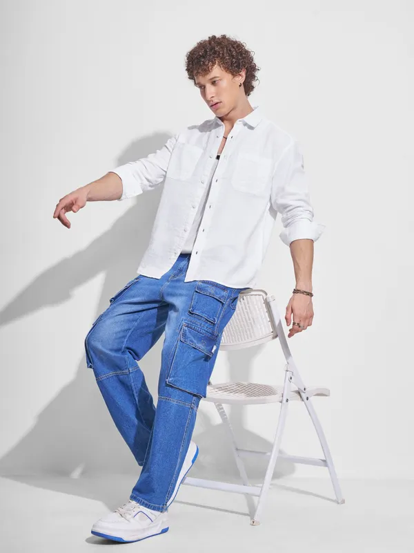 Highlander Men White Self Design Relaxed Fit Casual Shirt