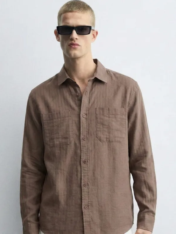 Highlander Men Brown Self Design Relaxed Fit Casual Shirt