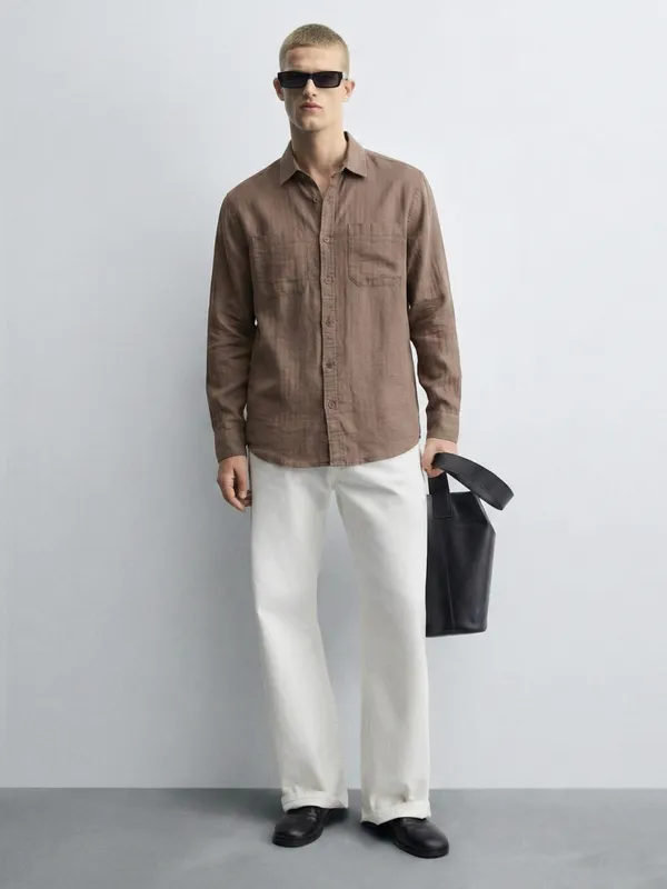 Highlander Men Brown Self Design Relaxed Fit Casual Shirt